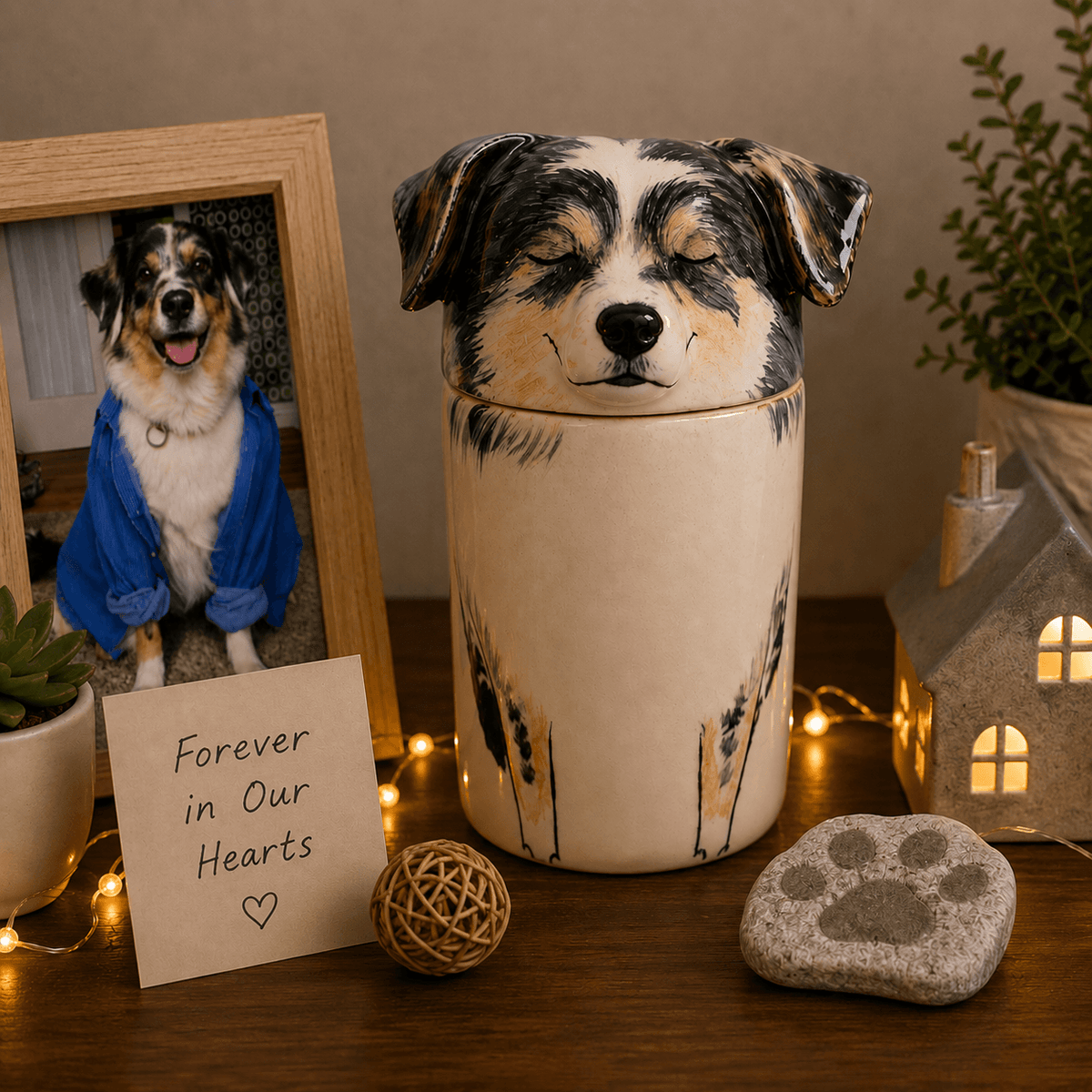 Personalized pug memorial urn displayed with a framed photo and keepsakes