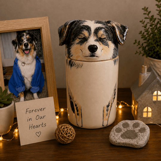Personalized pug memorial urn displayed with a framed photo and keepsakes