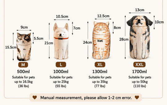 Pet memorial urn size comparison chart for M, L, XL and XXL