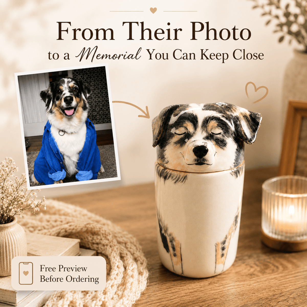Custom hand-sculpted pet memorial urn made from pet photos