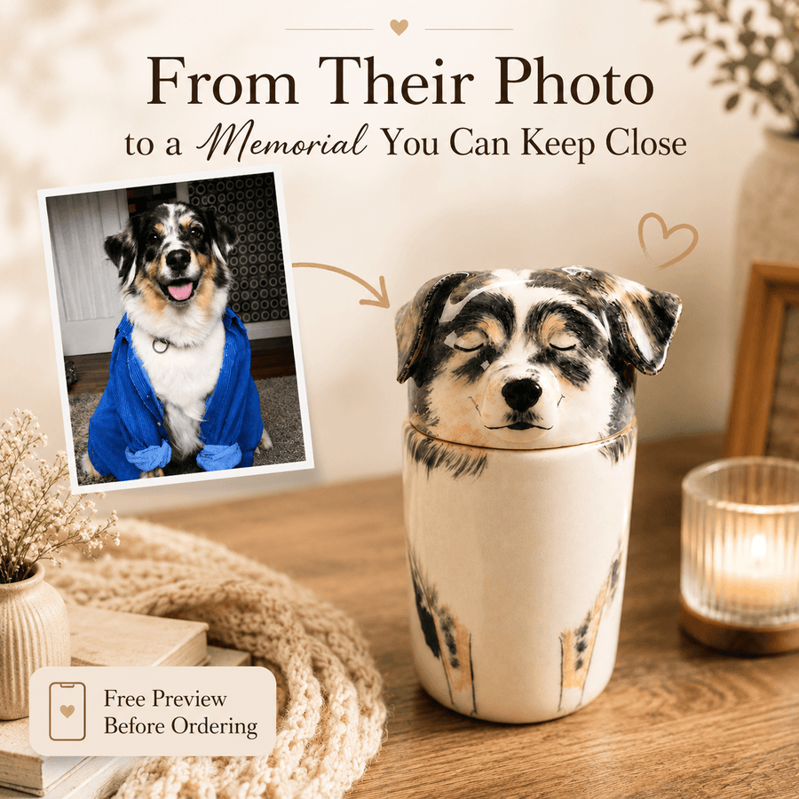 Custom hand-sculpted pet memorial urn made from pet photos
