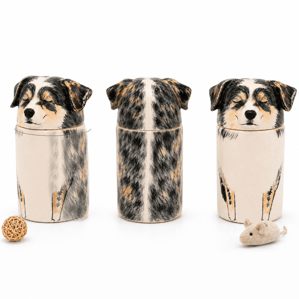 Collection of custom hand-painted pet memorial urns created from photos