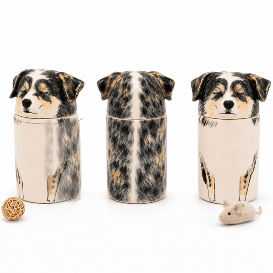 Collection of custom hand-painted pet memorial urns created from photos