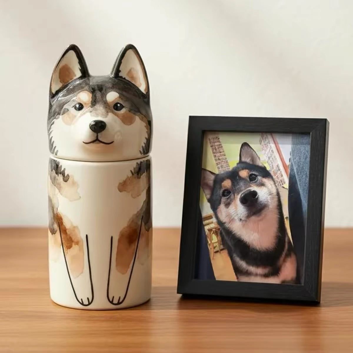 Custom cat memorial urn displayed with the pet reference photo