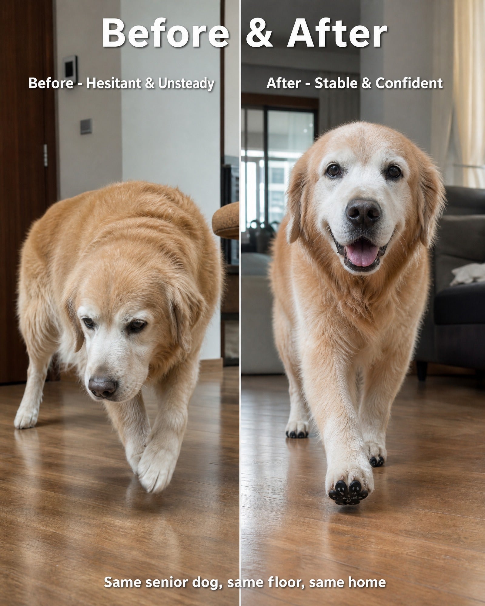 Before and after comparison of a senior dog using paw grip stickers indoors