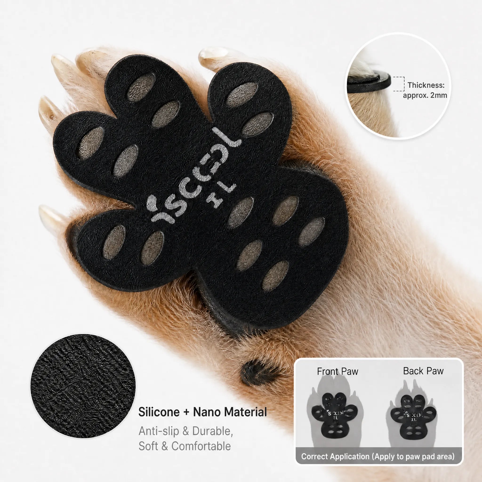 Close-up detail of paw grip stickers attached to the paw pad area