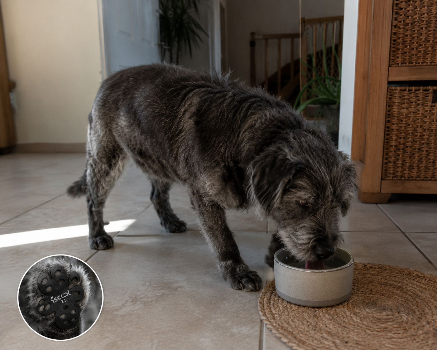 Senior dog walking naturally through a home hallway